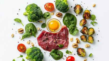 Fresh ingredients for healthy diet with raw beef and egg on white background