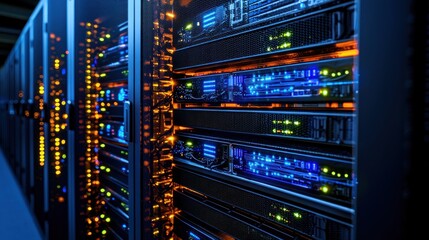 Naklejka premium Server room data center with racks of operating network and internet servers