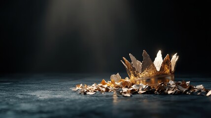 Golden crown with ornate details in chiaroscuro lighting.