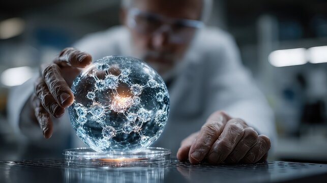 Pharmaceutical scientist scans molecular compound projected in augmented reality sphere above lab desk, high-tech medicine research and drug innovation visualization