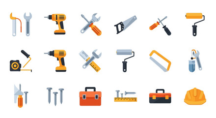 Vector Tools Icon Set with Construction and Repair Equipment Elements