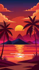 Fototapeta premium Vector art of a vibrant sunset over the ocean with silhouetted palm trees and mountains