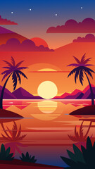 Naklejka premium Vector art of a vibrant sunset over the ocean with silhouetted palm trees and mountains