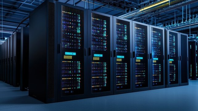 Modern data center filled with server racks, providing reliable cloud computing