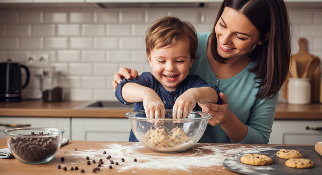 Mother and Daughter Baking Chocolate Chip Cookies on National Chocolate Chip Cookie Day