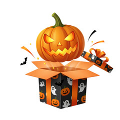 Jack o Lantern Surprise Popping Out of Halloween Gift Box Clipart Isolated Transparent PNG Image