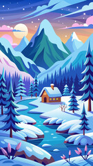 Vector art of a charming cabin beside a frozen river, surrounded by snowcovered trees and majestic mountains during a vibrant sunset