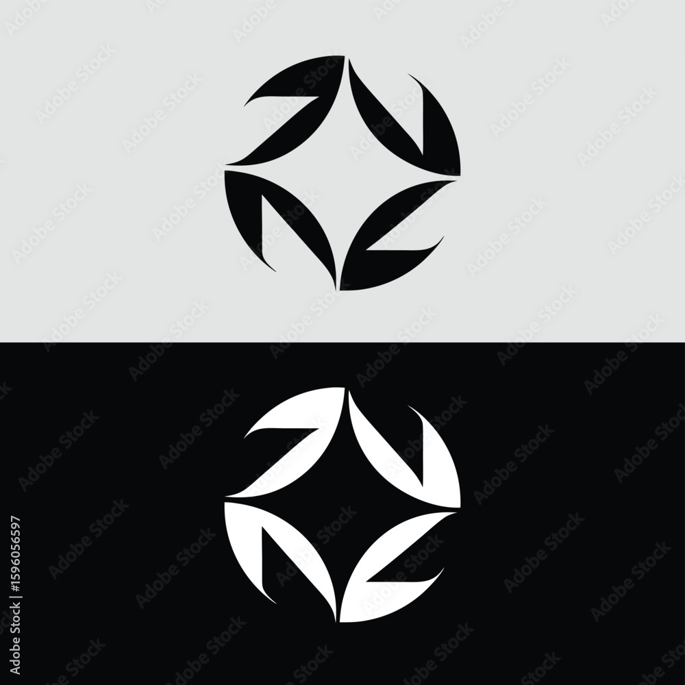Poster an abstract geometric logo design features rotating arrow shapes within a circle, creating a modern 
