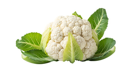Fresh cauliflower with green leaves on a white background