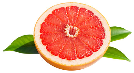 Vibrant ruby red grapefruit half with fresh green leaves