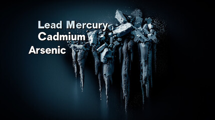 Toxic heavy metals lead, mercury, cadmium, and arsenic represented by an abstract image of crumbling dark minerals, symbolizing industrial pollution and environmental waste.