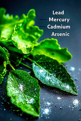 Heavy metal contamination in food, a concept showing fresh herbs tainted with powder representing lead, mercury, cadmium, and arsenic.