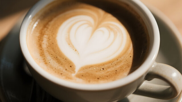 A cup of coffee with a heart-shaped latte art design on top, placed on a saucer.