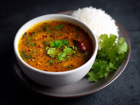 Hot bowl of pepper rasam garnished coriander traditional South Indian soup served with rice spicy and tangy flavors