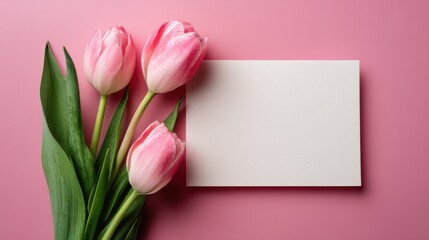Fototapeta premium Pink Tulips and Blank Card on Pink Background