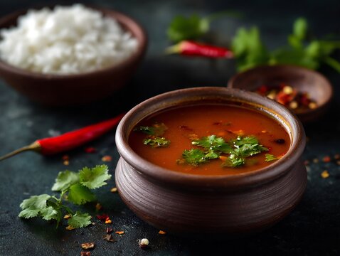 Hot bowl of pepper rasam garnished coriander traditional South Indian soup served with rice spicy and tangy flavors