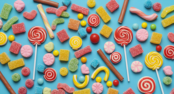 Sweet sugary delights: colorful candies, lollipops, gumdrops, and jellybeans arranged on a vibrant blue background, perfect for your next confectionery advertisement.