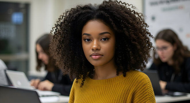 Confident young African American woman student studying in a classroom, focused and determined, achieving academic success with technology.