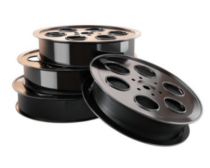 Stacked film reel vintage movie reel metallic round isolated on transparency background classic cinema object retro style shiny surface nostalgic entertainment