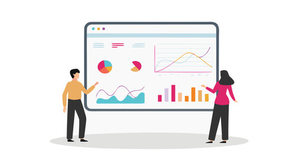 Fototapeta premium Two people analyzing data charts and graphs displayed on a large screen presentation board view