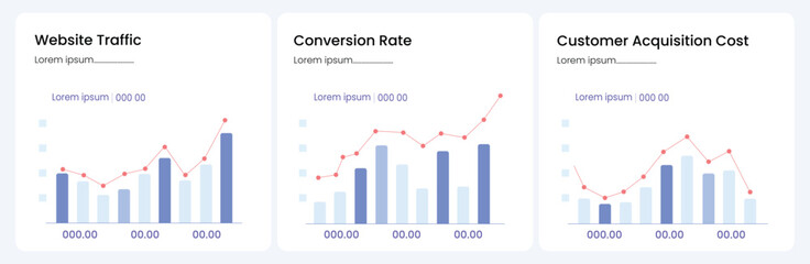 Website Analytics Dashboard, Clean, Minimalist Bar and Line Graphs Showing Website Traffic, Conversion Rates, and Customer Acquisition Costs. Business Infographics.