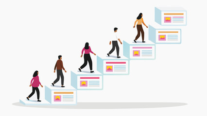 People walking up steps with website icons representing growth and progress concept illustration