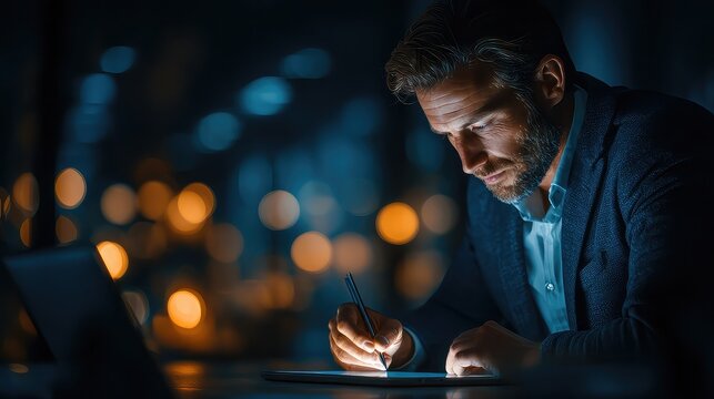 Recruiter uses stylus to evaluate candidate profiles on digital tablet in moody office lighting, symbolizing HR tech tools, smart hiring process, and modern recruitment workflow.