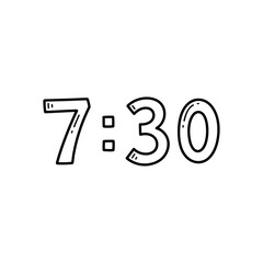 A simple black and white drawing of the time seven thirty with a hand drawn style on a white background