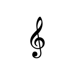 A black and white graphic of a treble clef music symbol on a plain white isolated background view