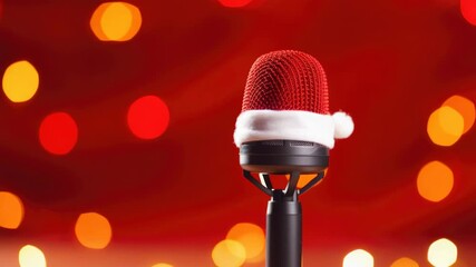 Christmas decorated microphone with a Santa hat on top, suggesting a festive or holiday-themed audio recording or broadcast. - Powered by Adobe