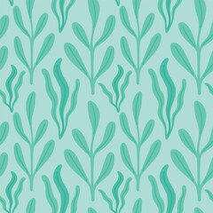 Elegant seaweed pattern with flowing botanical shapes on soft blue background, ideal for minimalist aquatic design and eco-inspired decor.