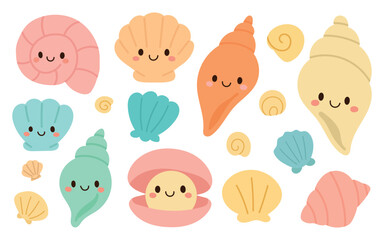 Cute illustrated sea shells with happy faces in soft colors, great for children’s designs, beach themes, and kawaii-style shell graphics.
