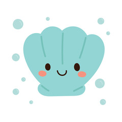 Adorable blue scallop shell character with blush cheeks and happy expression, ideal for ocean-themed illustrations and baby designs.