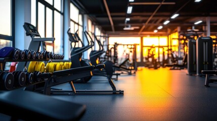 Fototapeta premium Gym interior with various exercise machines and weights during sunset or sunrise