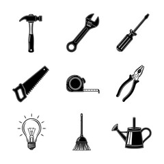 A collection of nine different black and white tools including a hammer wrench and watering can