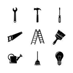 Obraz premium Isolated black and white vector illustration of various tools and household equipment in a grid pattern