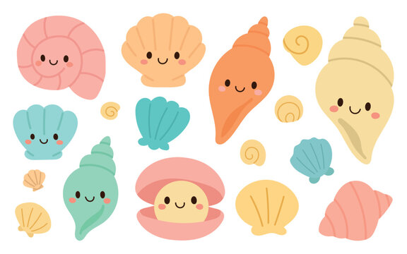 Cute illustrated sea shells with happy faces in soft colors, great for children’s designs, beach themes, and kawaii-style shell graphics.