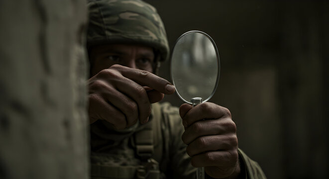 A soldier carefully examines a small object with a magnifying glass, his face partially obscured by shadow and the wall he's using for cover, during a covert operation.
