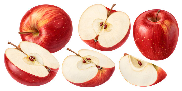 Fresh red apples whole and sliced on black background