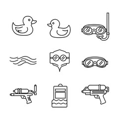 Outline icons of summer beach toys including rubber ducks goggles and water guns on a white background