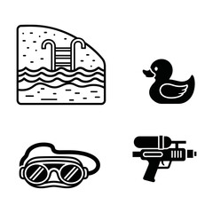 A set of summer themed icons featuring a pool, rubber duck, goggles, and a water gun in black and white