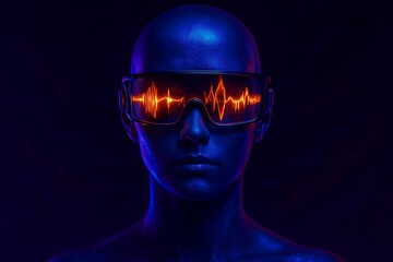 Fototapeta premium Futuristic portrait of a person with neon visor glasses reflecting audio waveforms, symbolizing digital sound, cyberpunk, and advanced technology