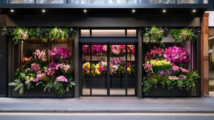Elegant flower shop front with vibrant floral displays and modern design details