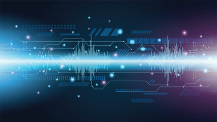 Abstract blue background with digital sound wave patterns and glowing circuit-like elements.