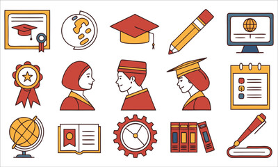 Graduation cap certificate globe pencil computer medal