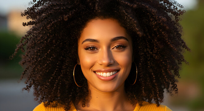 A young Black woman with a radiant smile and gorgeous natural hair, wearing gold hoop earrings and a mustard yellow top, poses outdoors in the warm golden sunlight. - Powered by Adobe