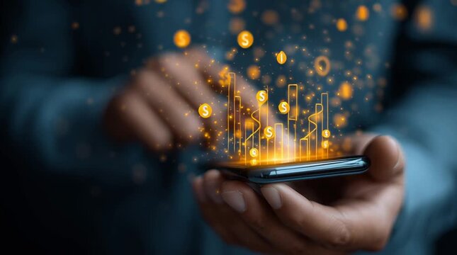Using Mobile Banking App with Digital Finance Interface and Currency Icons