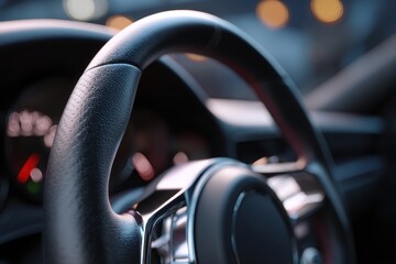 Close-up of a steering wheel in a modern car, focus on technology and control. Driving, automotive.