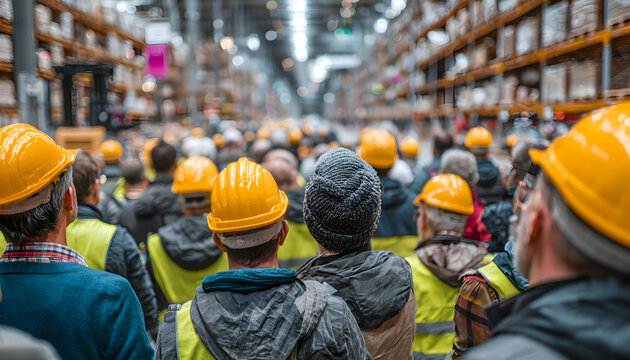 Industrial workers gather in large warehouse for safety training. Workers wear safety vests, hard hats. Instructor guides training. Group listens attentively. Pro training session on safety