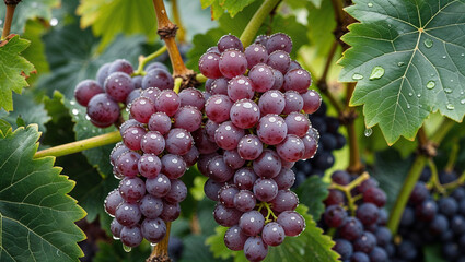 Close-up of a fresh grape cluster with morning dew resting on lush green vines, showcasing natural ripeness and vitality.